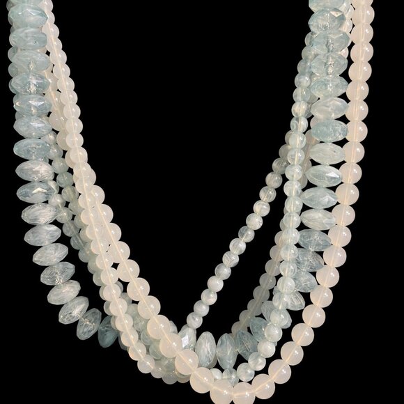 Layered Blue White Plastic Bead Necklace Multi Strand Retro Boho Statement Piece - Picture 4 of 6